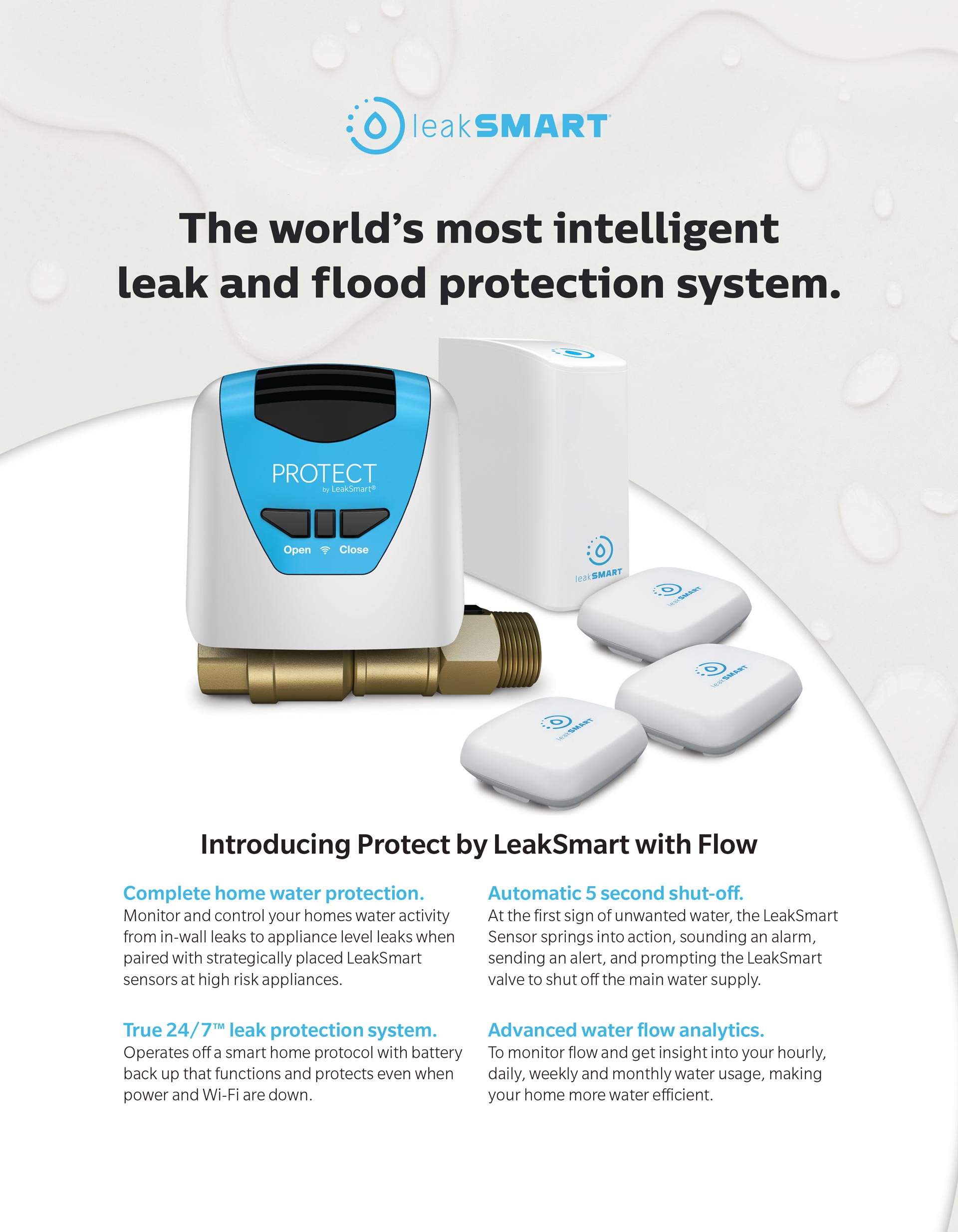 smart leak flood protection system, LeakSmart with water flow analytics, complete home water protection